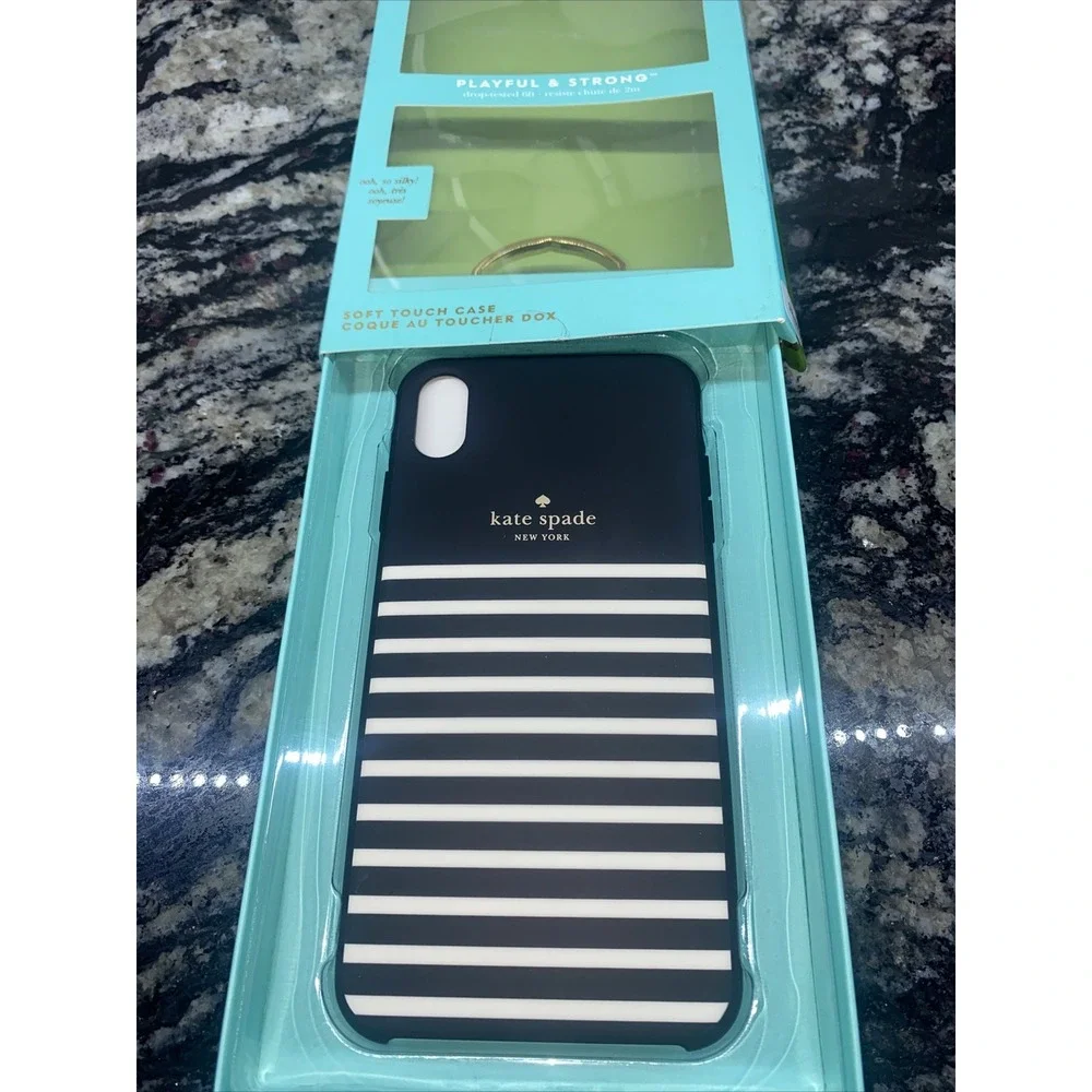 NIB Kate Spade New‎ York Black/Cream Feeder Stripe  Case, iPhone XS & X
